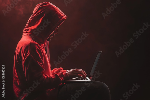 Hacker typing computer. Concept of cybercrime, cyberattack, dark web. photo