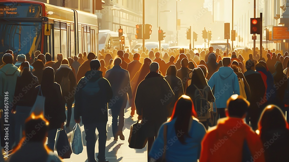 Obraz premium A bustling city scene with a crowd of pedestrians and traffic signals during golden hour.