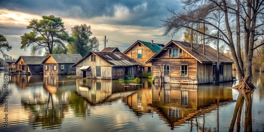 Abandoned Homes Half-Underwater After Flood, Debris Floating, Depicting Climate Change's Devastating Impact on Human Habitation and Urban Environments Abandoned Homes Half-Underwater After Flood, Debris Floating, Depicting Climate Change's Devastating Impact on Human Habitation and Urban Environments