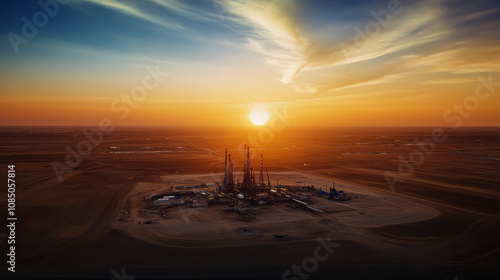 Expansive Aerial View of Oil Field at Sunset photo