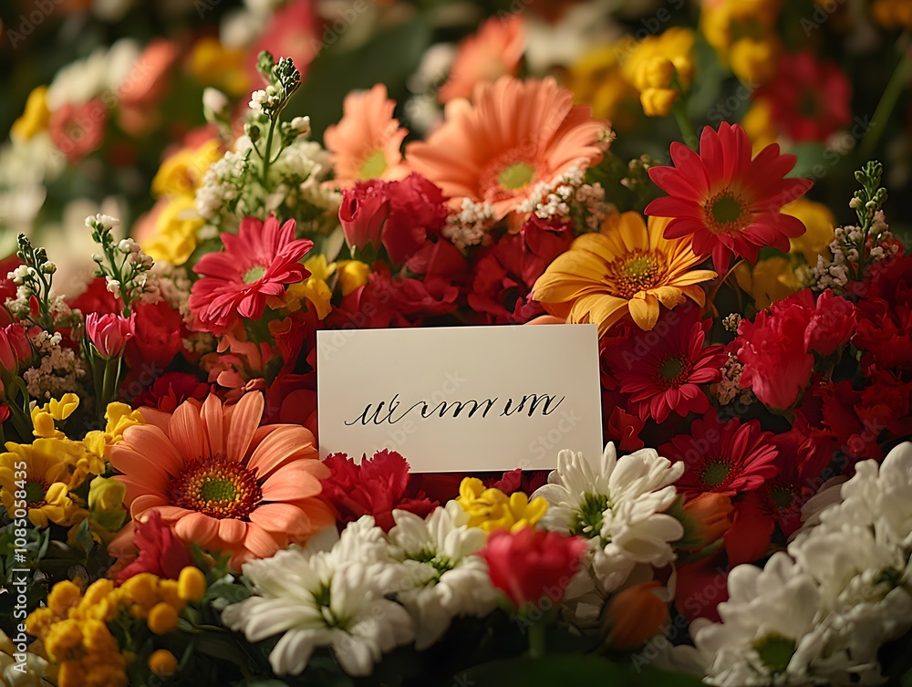 A vibrant arrangement of colorful flowers with a card displaying elegant handwriting. A vibrant arrangement of colorful flowers with a card displaying elegant handwriting.