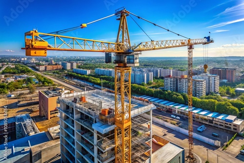 Aerial View of Tower Crane in Full Operation at Construction Site Under Bright Blue Sky Showcasing Urban Development and Architectural Advancement