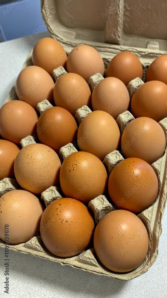 A cardboard egg carton filled with two dozen light brown eggs rests on a light-colored surface A cardboard egg carton filled with two dozen light brown eggs rests on a light-colored surface