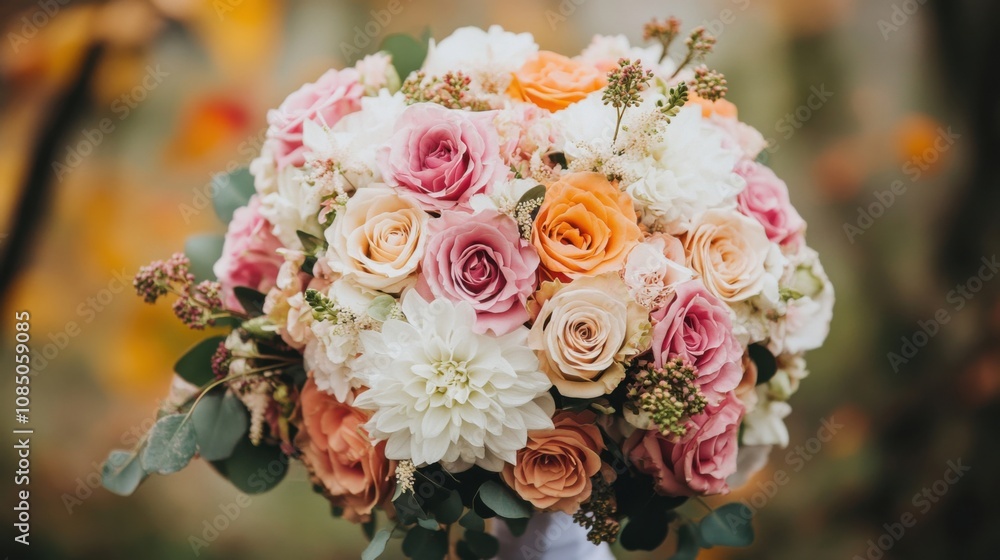 A bouquet of pink, white, and orange flowers arranged in soft autumn tones A bouquet of pink, white, and orange flowers arranged in soft autumn tones