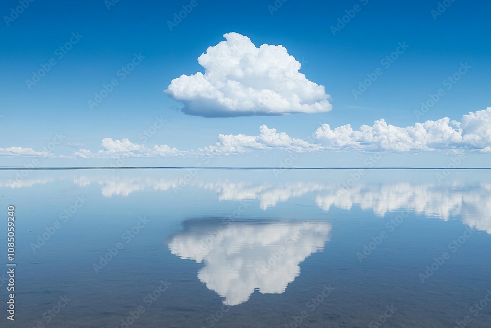 Fototapeta premium Serene Reflections: A Cloudy Sky and Mirror-like Waterscape