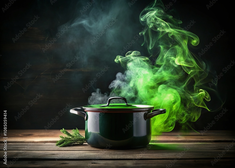 Captivating Culinary Mystique: Black Pot with Green Steam on Dark Background, Perfect for Culinary Arts, Cooking Inspiration, or Mysterious Food Themes Captivating Culinary Mystique: Black Pot with Green Steam on Dark Background, Perfect for Culinary Arts, Cooking Inspiration, or Mysterious Food Themes