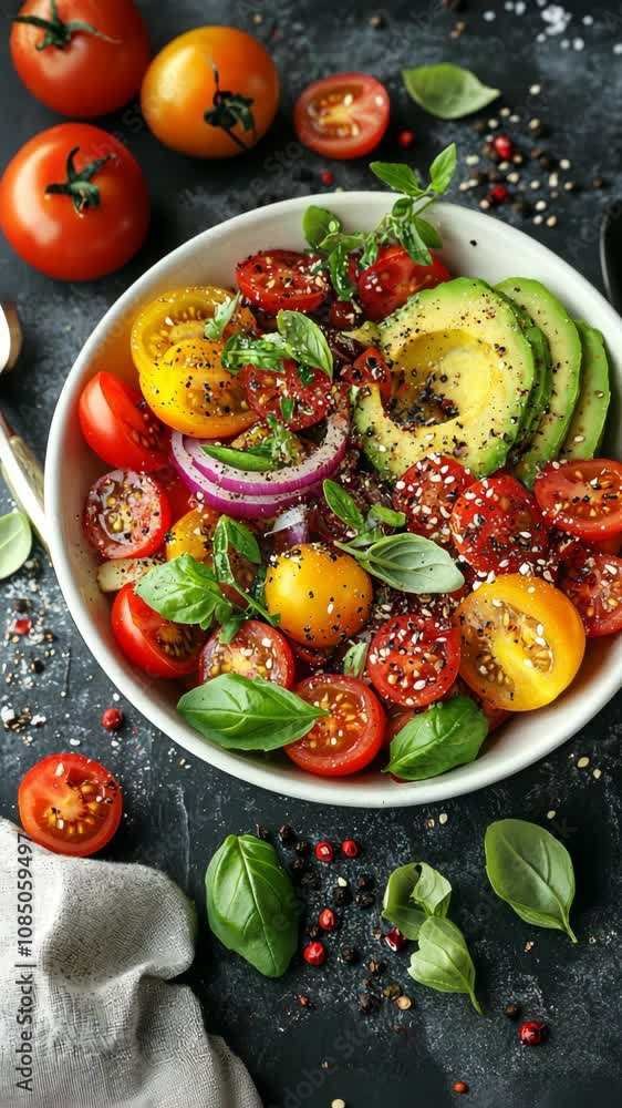 A white bowl overflows with a colorful salad A white bowl overflows with a colorful salad