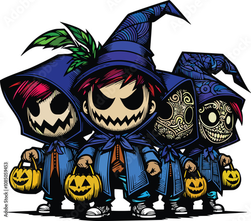 Vector art style cartoon of three cute children dressed in Halloween costumes with jack-o-lanterns