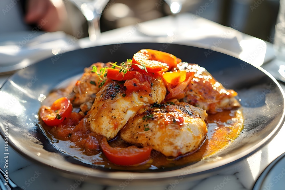 A close-up of poulet basquaise on a plate with tomato sauce and red peppers, on a table at a sunny French restaurant terrace A close-up of poulet basquaise on a plate with tomato sauce and red peppers, on a table at a sunny French restaurant terrace