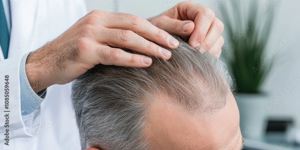 Fototapeta premium Doctor demonstrating hair restoration benefits in a clinic setting professional consultation health and wellness focus