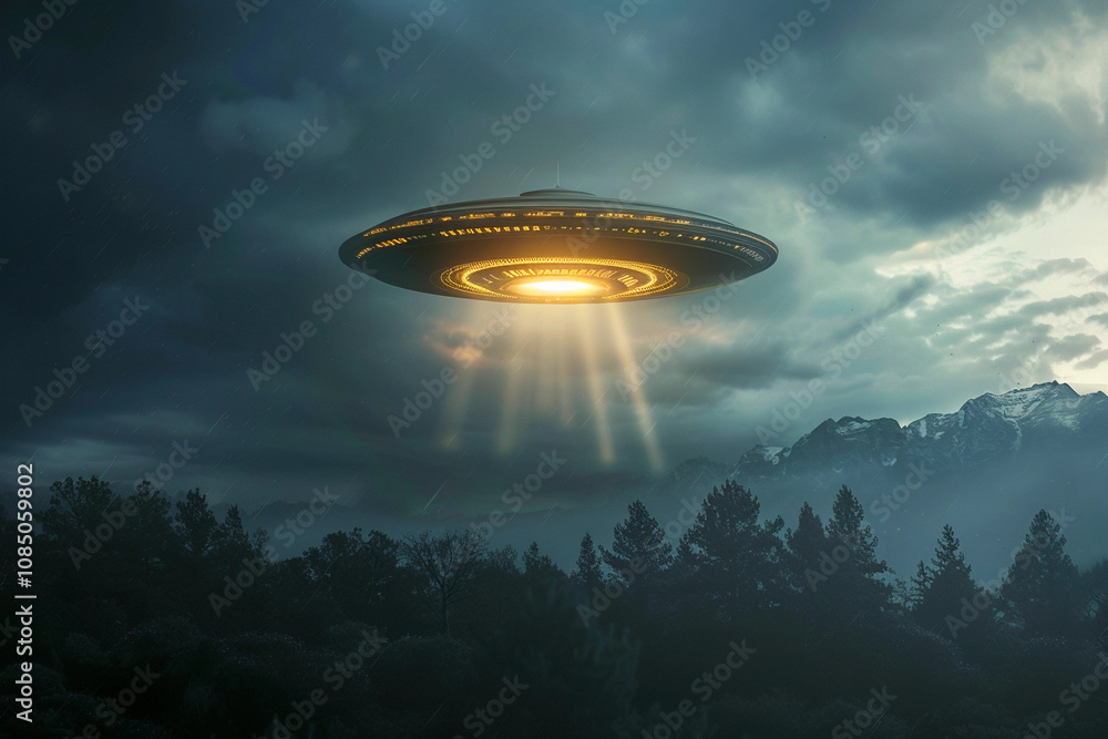 Iron oval UFO saucer hovering over beautiful landscape in dramatic sky Iron oval UFO saucer hovering over beautiful landscape in dramatic sky