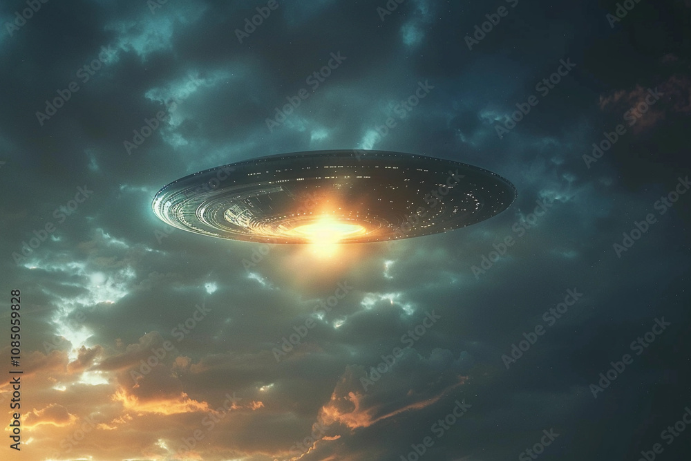 Iron oval UFO saucer hovering over beautiful landscape in dramatic sky Iron oval UFO saucer hovering over beautiful landscape in dramatic sky