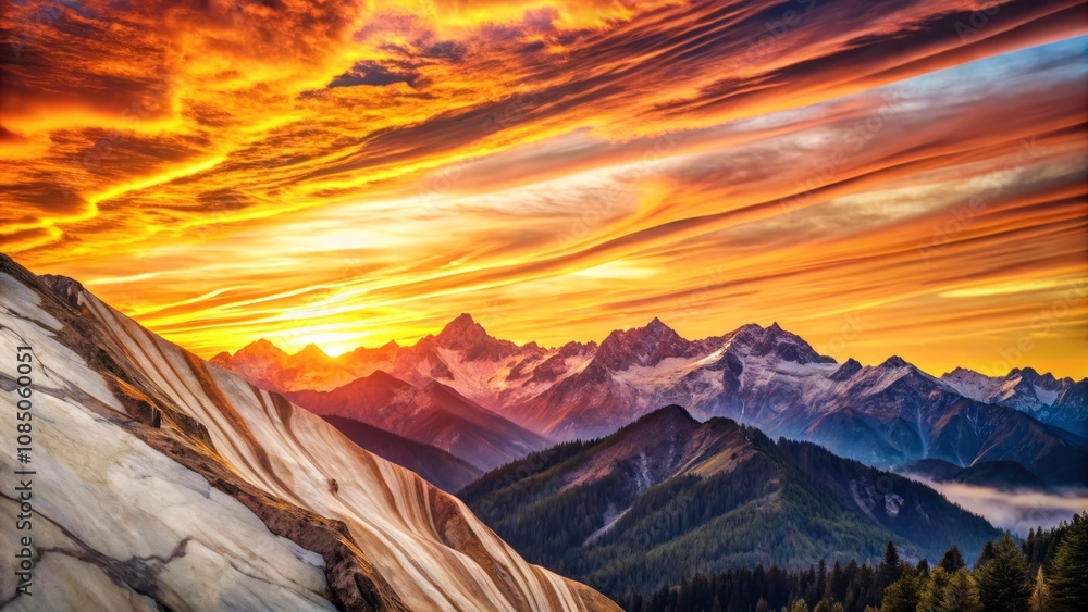 Naklejka premium Captivating Mountain Sunrise Silhouette on Marble Background with Warm Colors and Serene Patterns for Tranquil Artistic Decor and Nature-Inspired Designs