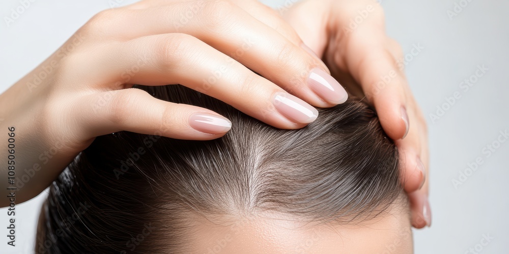 Woman applying hair restoration serum for healthy locks in bright indoor setting close-up perspective on scalp care Woman applying hair restoration serum for healthy locks in bright indoor setting close-up perspective on scalp care