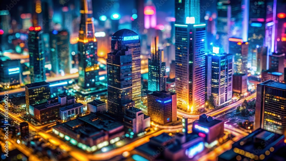 Stunning Tilt-Shift Photography of a Cyberpunk Cityscape with Neon Lights, Futuristic Architecture, and Skyscrapers at Night, Capturing a Miniature World of Urban Fantasy and Technology Stunning Tilt-Shift Photography of a Cyberpunk Cityscape with Neon Lights, Futuristic Architecture, and Skyscrapers at Night, Capturing a Miniature World of Urban Fantasy and Technology