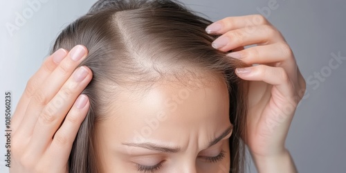 Woman applying hair thickening solution for thinning fine hair at home self-care close-up view personal care photo