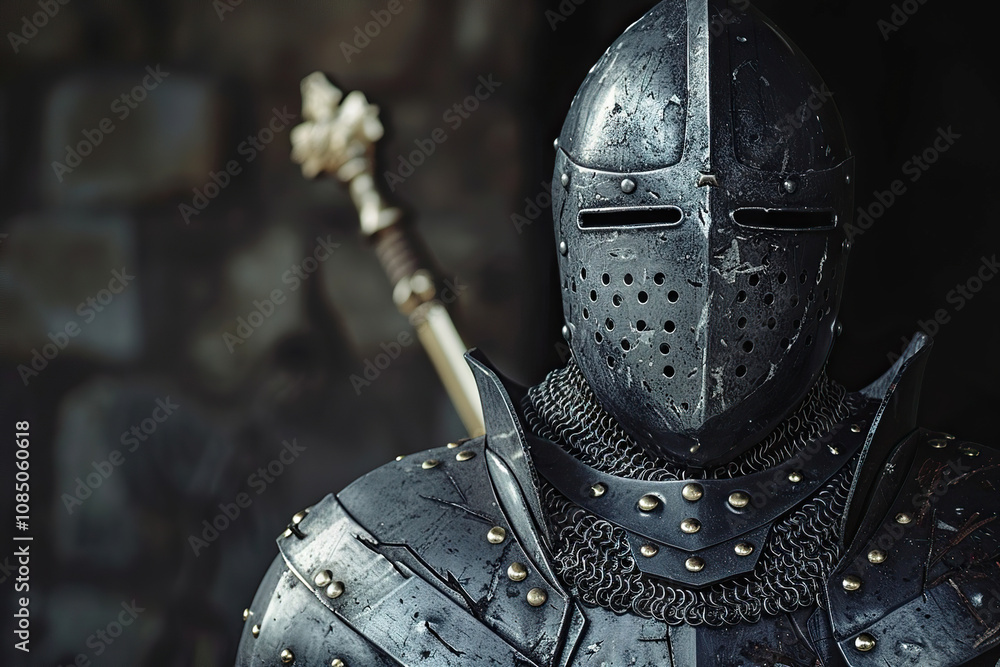 A fantastic royal knight in armor guards the castle chambers A fantastic royal knight in armor guards the castle chambers