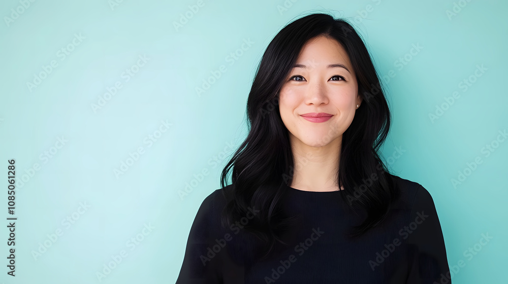 A Bright Smiling Portrait of a Southeast Asian Woman Against a Serene Aqua Background Radiating Joy and Confidence in Every Detail. A Bright Smiling Portrait of a Southeast Asian Woman Against a Serene Aqua Background Radiating Joy and Confidence in Every Detail.