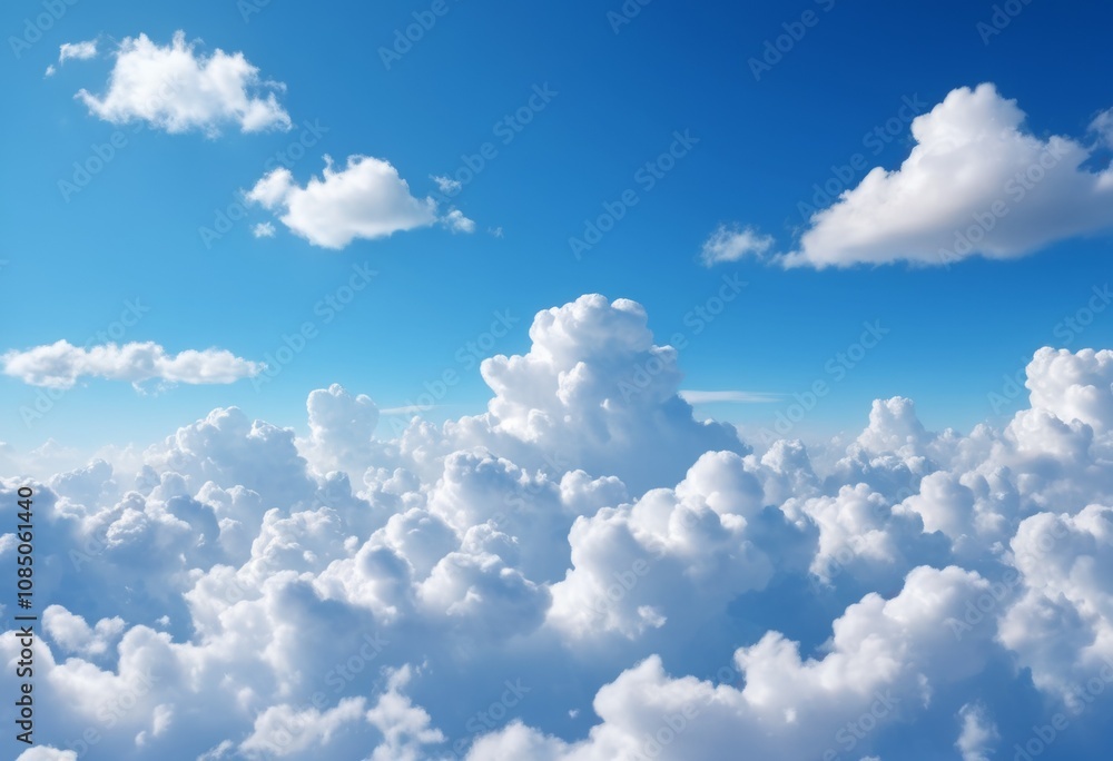 Serene sky background with fluffy white clouds floating in a bright and vivid blue atmosphere. Serene sky background with fluffy white clouds floating in a bright and vivid blue atmosphere.
