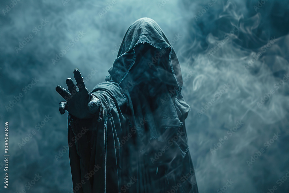 Scary grim reaper with scythe in hell on dark background with dramatic background