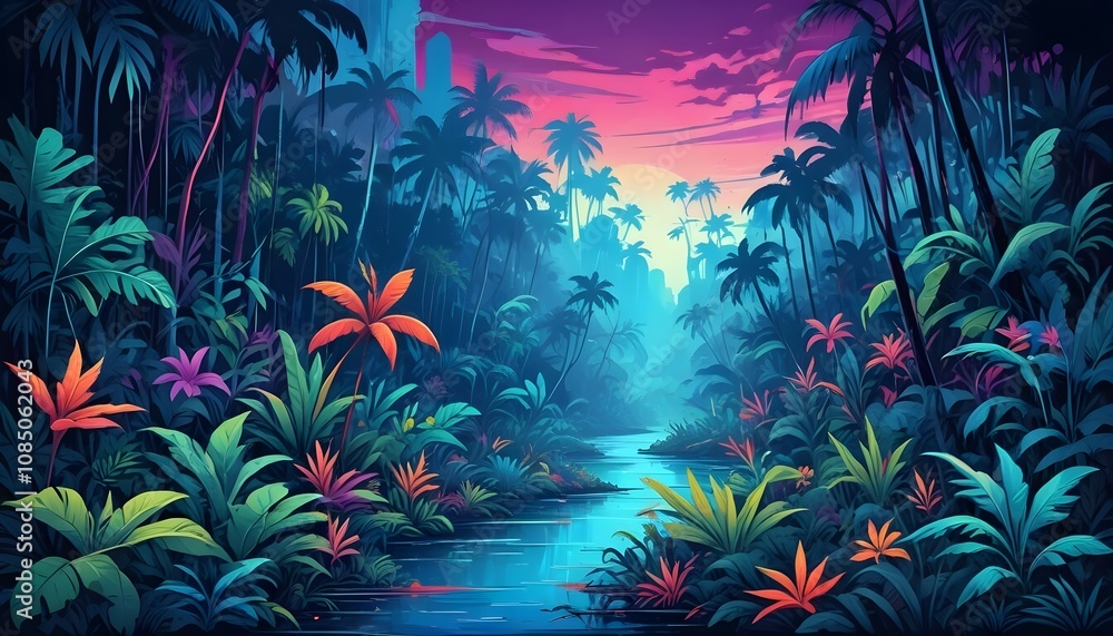 Tropical exotic pattern with animal and flowers in bright colors and lush vegetationn Tropical exotic pattern with animal and flowers in bright colors and lush vegetationn