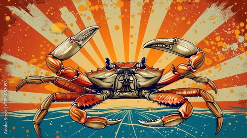 Large crab illustration, vintage style, ocean background.