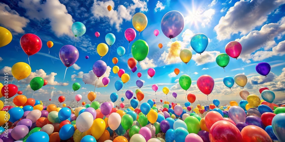 Colorful Balloons Floating in a Bright Blue Sky with Fluffy Clouds - A Captivating Candid Photography Scene for Celebrations and Joyful Moments Colorful Balloons Floating in a Bright Blue Sky with Fluffy Clouds - A Captivating Candid Photography Scene for Celebrations and Joyful Moments