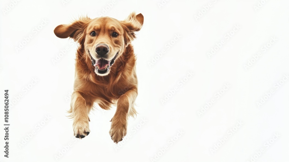 A joyful golden retriever leaping through the air with excitement. A joyful golden retriever leaping through the air with excitement.