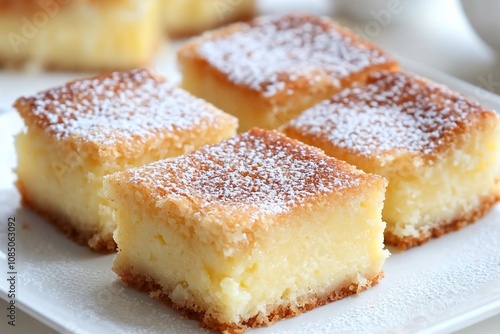 Deliciously Soft and Creamy Lemon Bars Topped with Powdered Sugar