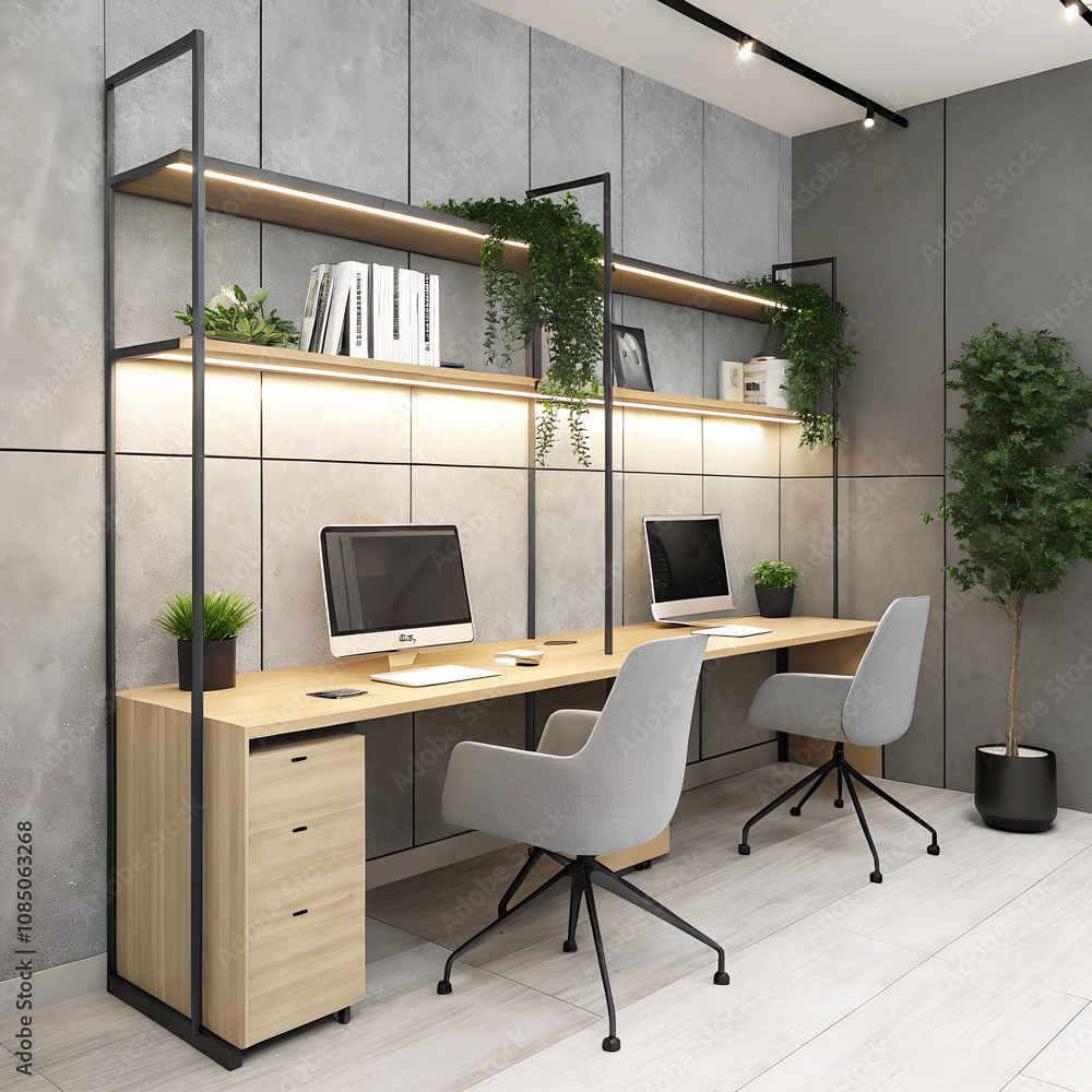 Fototapeta premium Modern shared workspace with wooden desk, sleek chairs, and indoor greenery accents