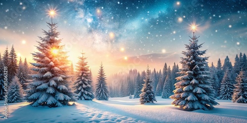 Surreal Winter Landscape with Firtrees in a Dreamlike Snowy Background, Capturing the Essence of Tranquility and Beauty in Nature's Winter Wonderland