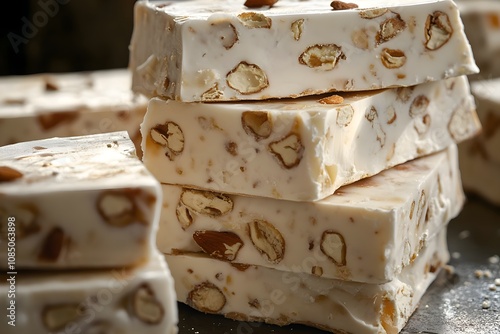 Close-up of delicious nougat chunks with almonds and honey, featuring a soft, chewy texture and rustic appearance, perfect for sweet treats or dessert visuals photo