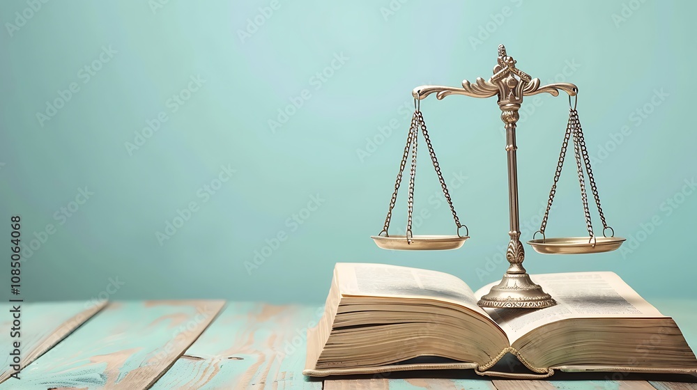 A balanced scale on an open book, symbolizing justice and law. A balanced scale on an open book, symbolizing justice and law.
