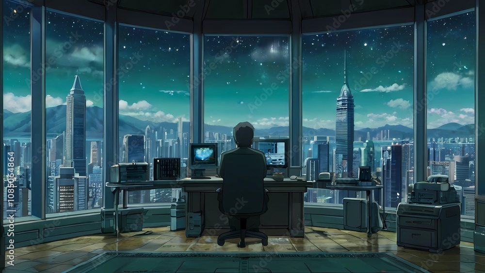 タワーマンションの上層部で残業に追われる人イメージイラスト タワーマンションの上層部で残業に追われる人イメージイラスト