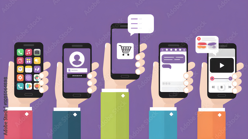 Hands Holding Smartphones Against Purple Background Hands Holding Smartphones Against Purple Background