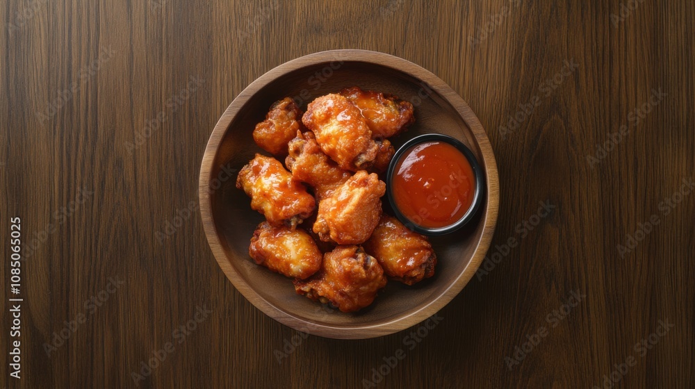 Buffalo wings with hot sauce on a wooden table, emphasizing comfort food Buffalo wings with hot sauce on a wooden table, emphasizing comfort food