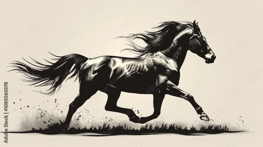 Majestic black stallion galloping across grassy field. Majestic black stallion galloping across grassy field.