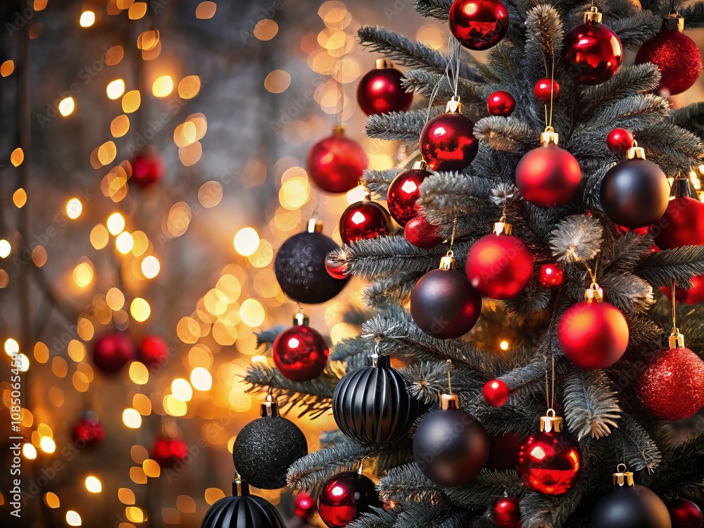 Stunning Black Christmas Tree Adorned with Red Ornaments and Twinkling Fairy Lights Captured in Bokeh Effect for a Festive Holiday Atmosphere Stunning Black Christmas Tree Adorned with Red Ornaments and Twinkling Fairy Lights Captured in Bokeh Effect for a Festive Holiday Atmosphere