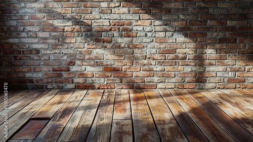 Old wooden floor and brick wall background with sunlight rays   