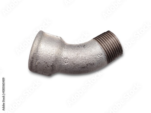 Billede på lærred Top view of a galvanized steel pipe elbow connector with a 45-degree angle and threaded male end, isolated on a white background