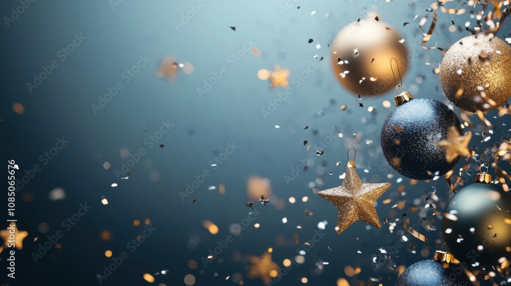 Blue and gold Christmas ornaments, stars, and confetti on a blue background, holiday theme Blue and gold Christmas ornaments, stars, and confetti on a blue background, holiday theme