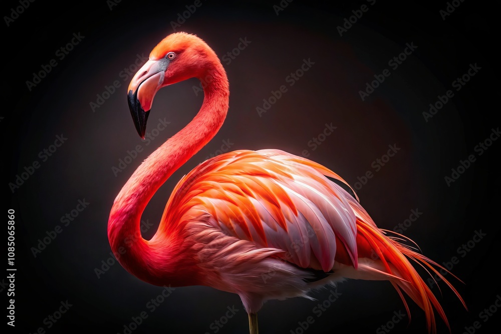 Fototapeta premium Stunning Portrait of a Majestic Flamingo Against a Dramatic Black Background, Showcasing Its Graceful Features and Vibrant Colors in Urban Exploration Photography Style