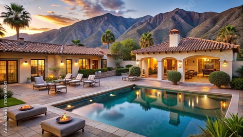 Stunning Spanish-style home in Palm Springs, California, showcasing a beautiful pool, inviting patio, and elegant outdoor living  