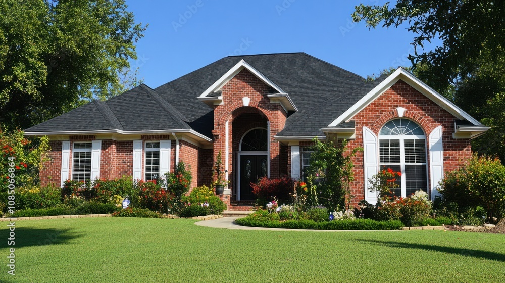 Brick home with white shutters framing windows, adding brightness to the exterior Brick home with white shutters framing windows, adding brightness to the exterior