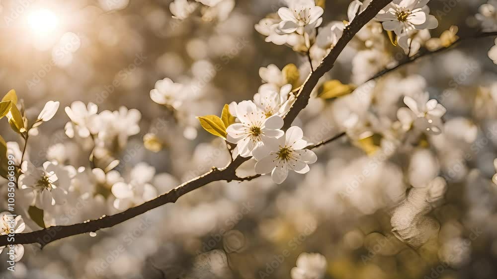 Blooming White Flowers Blossom Gently in Spring Sunlight Blooming White Flowers Blossom Gently in Spring Sunlight