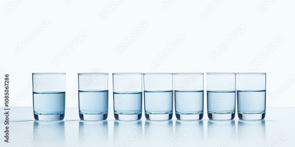 Quality over quantity concept. A minimalist arrangement of six glasses filled with clear water against a light background. Quality over quantity concept. A minimalist arrangement of six glasses filled with clear water against a light background.