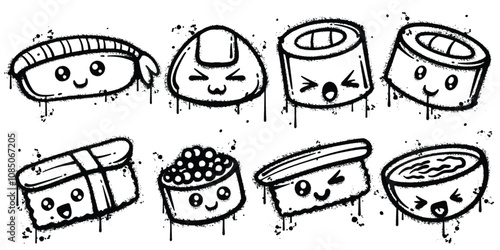 Set of graffiti spray paint japanese food illustration elements vector