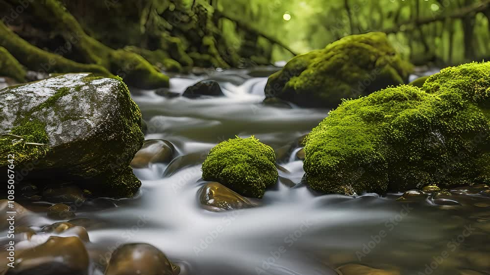River Flows Through Mossy Rocks in Forest Gently and Peacefully River Flows Through Mossy Rocks in Forest Gently and Peacefully