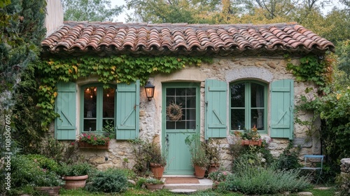 Charming cottage with pastel green shutters, highlighting the cozy and whimsical facade