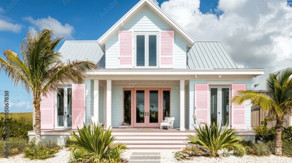 Chic beach house with pastel pink shutters on windows, adding a fun and playful touch Chic beach house with pastel pink shutters on windows, adding a fun and playful touch